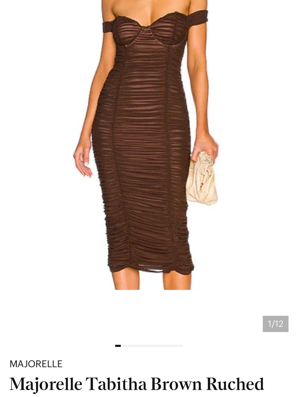 MAJORELLE Brown Ruched Off-Shoulder Midi Dress
